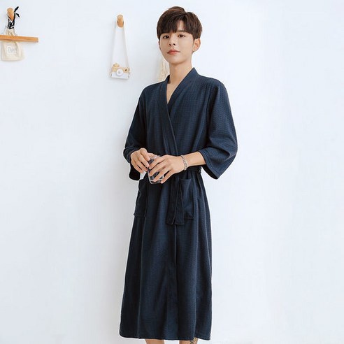 DFMEI-Y 봄 여름 가을 겨울 커플 남녀 잠옷 중간 길이 긴 소매 단색 가운 긴 잠옷 여성 호텔 스타일, DFMEI 진한 파란색 남성, {"패션의류/잡화 사이즈":"M"}