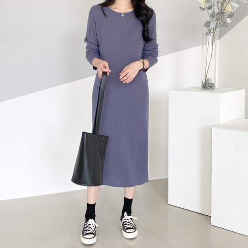 아모르데이 여성용 벨쏘골지 슬림 라운드 롱 베이직 데일리 긴팔 슬릿 트임 니트 원피스