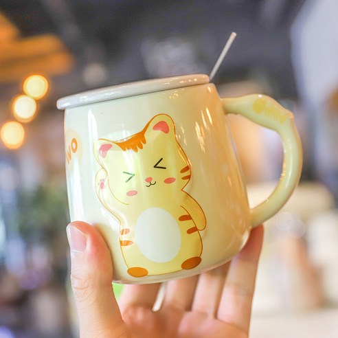 일본식 입체 부조 고양이 도자기 컵, 노랑, 황색, 420ml