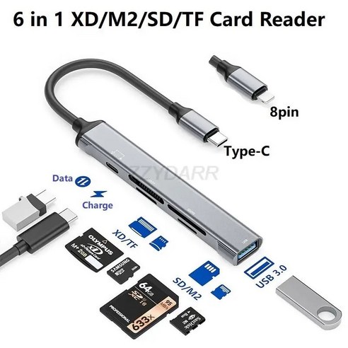 E북리더기 전자책 EBOOK 리더기 E북 충전 기능이 있는 아이폰 XD 카드 M2 그림 어댑터 SD마우스TF 라이트닝 6 in 1, 없음, 2)usb c