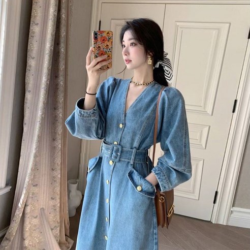 패션고리 여성 카라넥 데님 원피스 H226 청원피스 16 S299 여성 브이넥 캐쥬얼 센스만점 8부소매 고퀄리티 청데님 여행룩 빈티지룩 와이드핏 롱 원피스