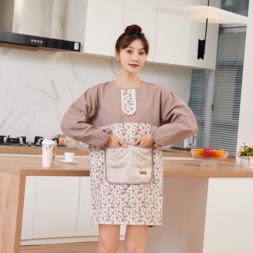 DFMEI 가정용 앞치마 닦기 주방 방수방유 패션 취사커버 허리둘레여자, 전원 꽃덮개 카페