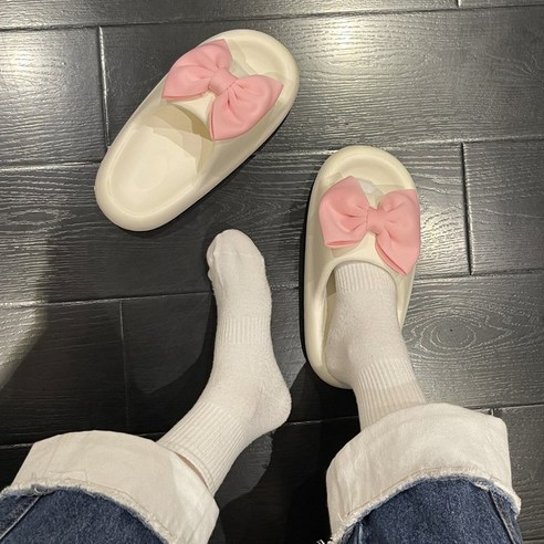 리본 여성슬리퍼 사무실 발편한 PVC 실내 거실화 층간소음 쿠션, 화이트