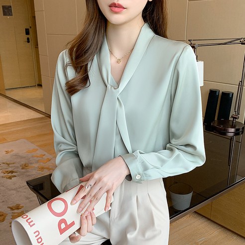 Mao 새틴 셔츠 여성 긴 소매 봄 가을 새로운 한국어 스타일 리본 디자인 틈새 비즈니스 통근자