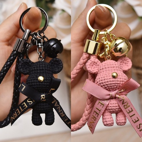 올리브파티 곰돌이 니트 베어 키링 열쇠고리, 핑크+블랙, 1세트
