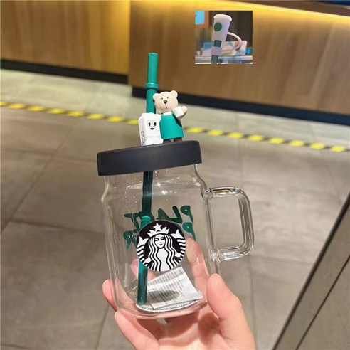 스타벅스 곰돌이 내열 유리컵 아이스 컵 텀블러 빨대 컵 스벅 콜드컵 유리잔 600ml, 곰돌이 유리빨대컵
