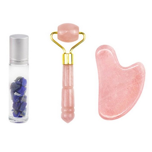 로즈 쿼츠 옥 롤러 Gua Sha 보드 마사지 얼굴 리프팅 도구 페이셜 구아쉬 마사지 보석 병 키트, {"패션의류/잡화 사이즈":"하나"}, 보여진 바와 같이
