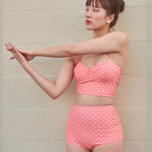 DFMEI 핑크 도트 수영복 분체 여성 비키니 와이어 모아서 하이웨스트 배 가리개 슬림 온천 수영복