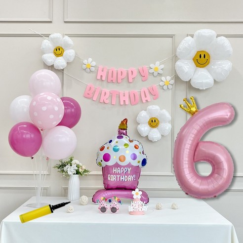 연지마켓 생일 파티 케이크 데이지 왕관 숫자 풍선 가랜드 세트, 1세트, 케이크 핑크A 6