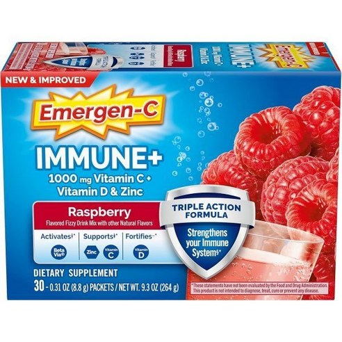 Emergen-C Immune+ Triple Action Immune 지원 파우더 BetaVia (R) 1000mg Vitamin C B Vitamins D and Anti, Raspberry, Powder