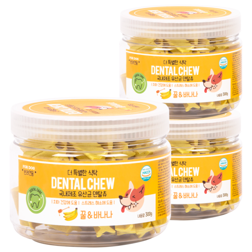 푸디 더특별한식탁 유산균 덴탈츄 강아지 간식 껌, 3개, 300g, 면역케어에 좋은 꿀&바나나
