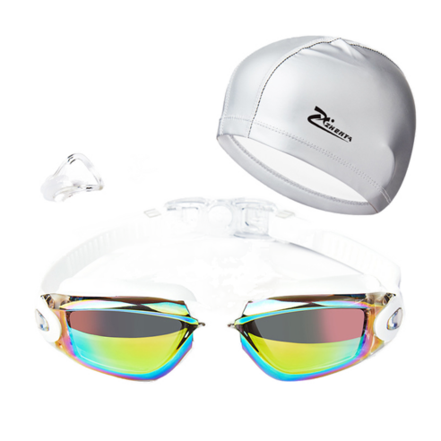 세계일주 수영 고글 HD 방수 안개 수영 모자 세트, 전기 도금 흰색 3 피스 세트