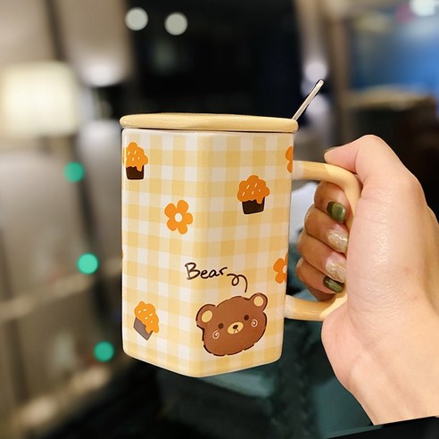 인스타그램 세라믹 머그컵 뚜껑 스푼 귀엽다 빨대 물컵 커피잔 아침우유 오트밀컵, 노란 곰돌이