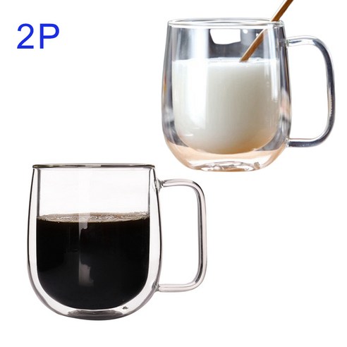 2P 이중 유리 우유 머그 머그 고 붕규산 단순 커피 머그 손잡이가 있는 주스 머그 내열 물 머그 맥주 적포도주 음료 등에 적합 250ML