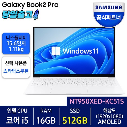 삼성전자 갤럭시북2 프로 NT950XED-KC51S 가성비 노트북 사무용 학생용, 실버, 코어i5, 256GB, 16GB, WIN11 Home