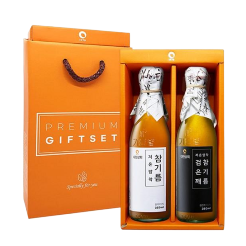 50년전통 대현상회 저온압착 (참기름1 검은깨참기름1) 350ml 2병 (선물케이스포장)
