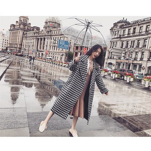 체크무늬 여성용 롱 코트
