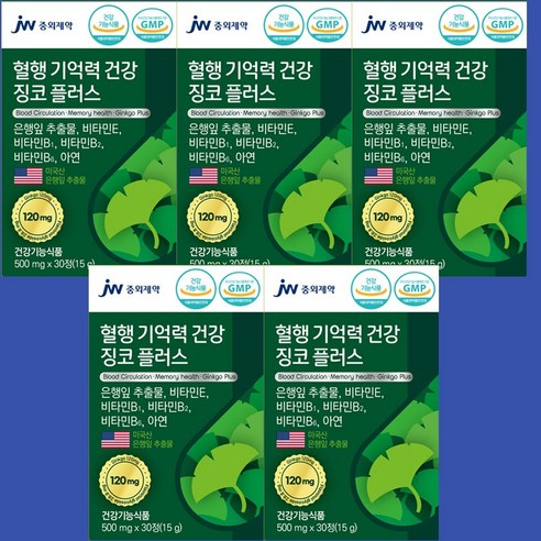 JW중외제약 징코플러스 혈액순환개선제 손발저림 혈액순환제 여성 혈관순환제 은행잎추출물 다리 떨림 징코 혈행 뇌에 혈관에 좋은 영양제 식약청 식약처 인증 인정, 15g, 5개, 500mg, 30정