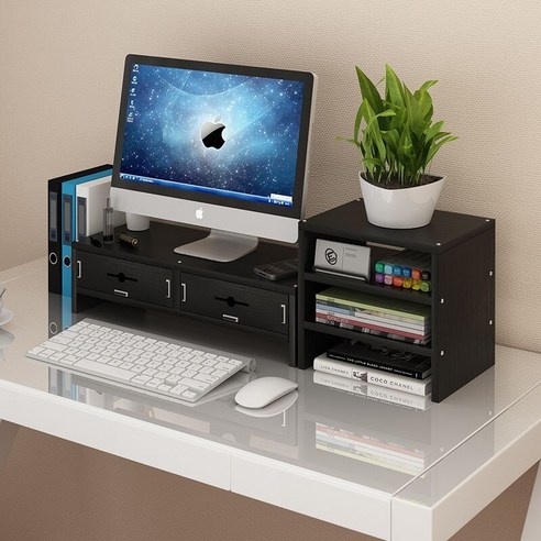 【Computer Rack】【컴퓨터 랙】자궁 경부 척추 보호 컴퓨터 디스플레이 화면 높은 선반 사무실 데스크탑 컴퓨터베이스 책 데스크탑 스토리지 랙, 더블레이어파티션+세레이어블랙호두(2서랍)