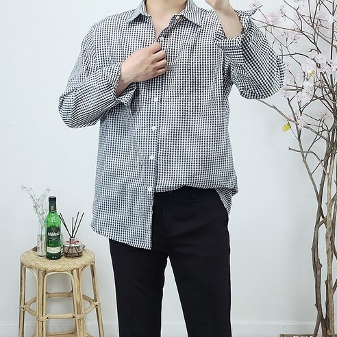 남자 시원한 여름 고방 잔체크 시어서커 린넨 셔츠 남방