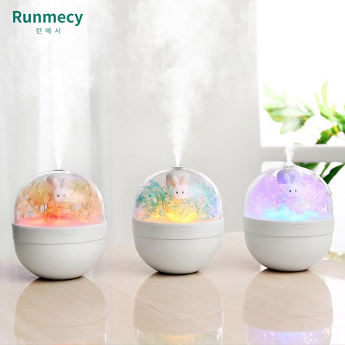 런메시 Runmecy 가습기 토끼 미니 가습기 조화 가습기 비누꽃 장식, 그린