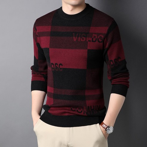 [CCOLATINI] 라운드 넥 풀오버 스웨터 남자 한국 스타일 유행 대비 색 격자 무늬 기본 스웨터 가을 겨울 패션 따뜻한 스웨터