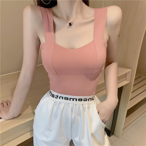 DFMEI 여름 민소매 반팔 티셔츠 여성 조끼 캐미솔 여름 디자인 가슴 패드 내부 외부 착용 스포츠 요가 bottoming 짧은 코트