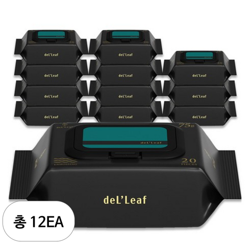 델리프 도톰 엠보싱 저자극 넘버 세븐 카키 물티슈 캡형, 75g, 20매, 12개