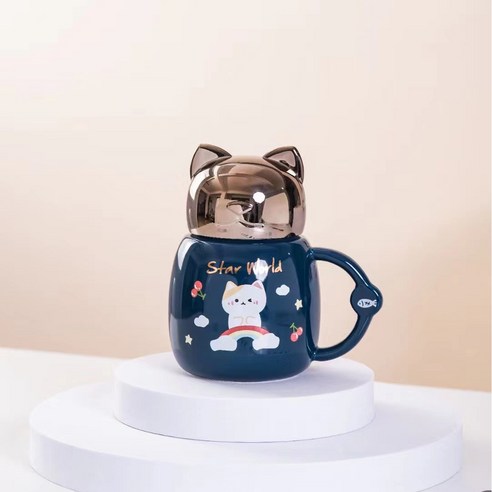 거울 덮개 절연 머그 손잡이 물 컵과 귀여운 만화 동물 세라믹 컵, 4색 믹스, 301-400ml