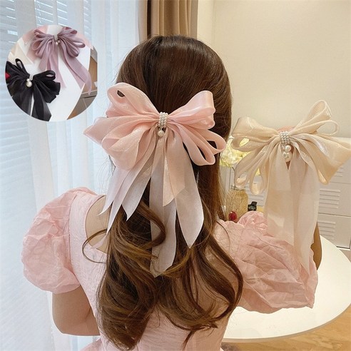 [웨딩나우ㅣ강추] [유달리] 러블리 진주 새틴 왕리본 자동 헤어핀 핑크 [WeddingNOWㅣ인기상품]