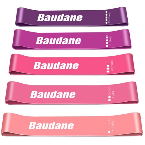 Baudane 5가지 피트니스 운동 루프 저항 밴드 세트 무료 휴대, Pink - Purple