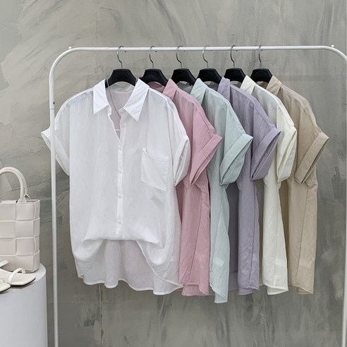 행복여[신상무배]포유 소매 롤업 카라 루즈핏 반팔 셔츠 블라우스