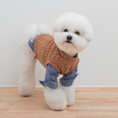 강아지 라운드넥 니트 조끼, 1개, L, 브라운