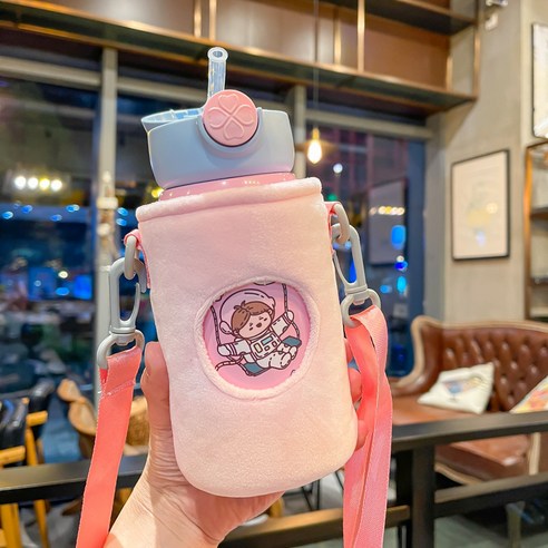 보온병 컵 만화 귀여운 대용량 밀짚 컵 휴대용 이중 목적 스테인레스 스틸 주전자, 핑크 싱야오 냄비, 550ML