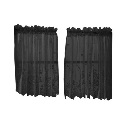 수 놓은 창 Voile Sheer Curtain Valance Tiers, 블랙 2 Tiers-74x61cm, 설명