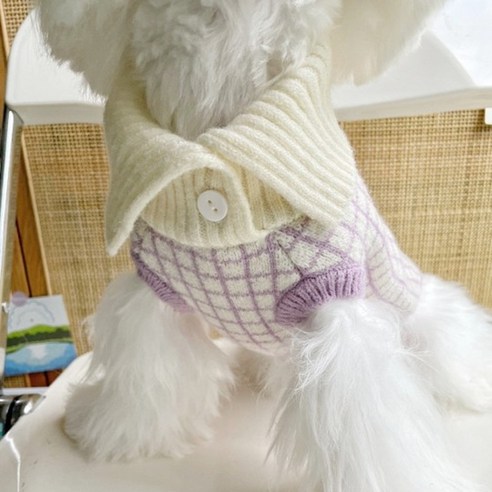 강아지 퍼플 체크 니트 목폴라 조끼 스웨터 따뜻한 애견 고양이 겨울옷 1.5-8kg