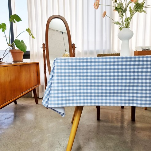 캐프마켓 방수 체크 격자 테이블보 사각 원형 식탁보, 2인용 90 * 90 cm, 블루