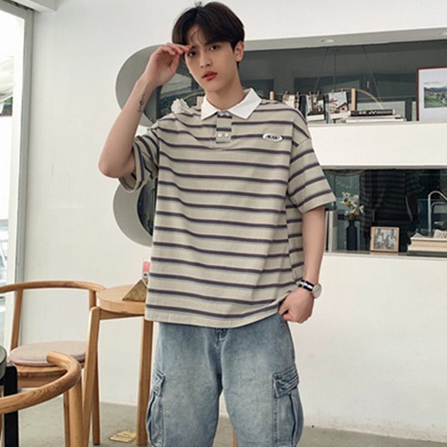 KORELAN 스타일 남성 스트라이 폴로 셔츠 일조 브랜드 트렌드 반팔 티셔츠 ins 느슨한 옷깃 폴 셔츠