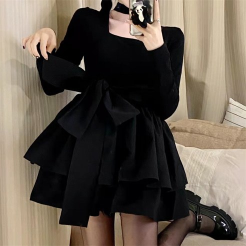 DFMEI 프랑스어 스타일 햅번 스타일 디자인 틈새 블랙 드레스 여성 봄 드레스 새로운 스타일 작은 뜨거운 드레스