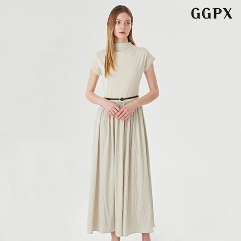 GGPX 반하이넥 벨티드 플레어 반팔 롱 원피스 (GOBOW039D)