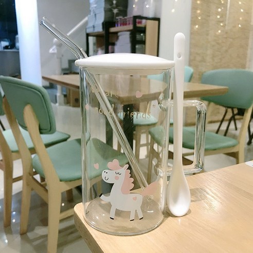 DFMEI 캐릭터 대용량 유리잔 뚜껑 스푼 남녀 아침 우유 시리얼 오피스 홈컵, DFMEI 조랑말 [도자기 커버 + 스푼 + 밀짚]