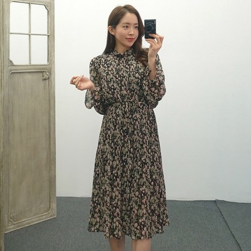 프릴넥 플리츠 주름 긴팔 봄 시폰 롱원피스 루즈핏