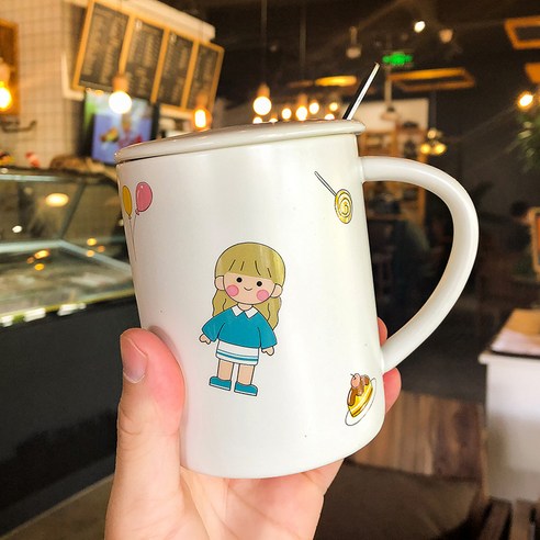 심플한 여자 머그컵 뚜껑 덮개 사무실 커피 타다 도자기 컵 가정용 아침 우유 컵, 녹색 옷의 소녀, 400ML