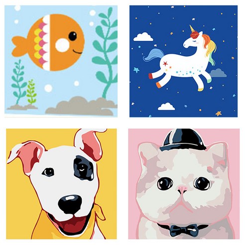 리빙듀오 DIY 풍경 동물 인물 유화그리기 20x20 세트 모음, 오렌지물고기+레인보우유니콘+바우바우+리본타이고양이