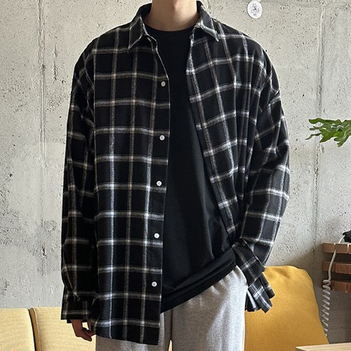 데이즈 남성용 긴팔 오버핏 스퀘어 체크 남방 셔츠