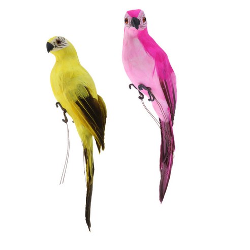 2x 귀여운 앵무새 바탕 화면 장식 인공 깃털 새 로즈 레드 옐로우, 35x10x9cm, 설명, 멀티 컬러
