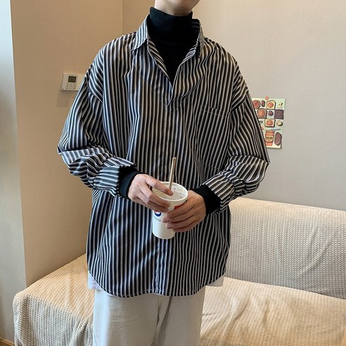 풍 휴가 투인원 스웨터 셔츠 남 루즈핏 긴팔 스트라이프 셔츠 인스톰 하이넥 코트