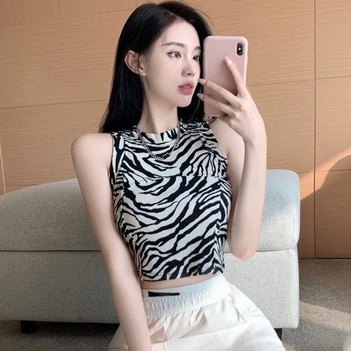 KORELAN 봄 바둑판 격자 민소매 상의