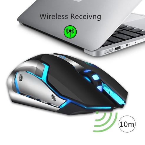 2.4G 충전 가능 무선 게이밍 마우스 10m 전송거리 내장 600밀리암 7색 발광 2400dpi, 블랙
