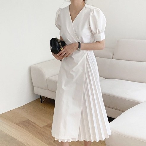 프랑스 V 넥 원피스 허리 레이스 업 버블 슬리브 드레스 여성의 여름 우아한 주름 치마 긴 치마